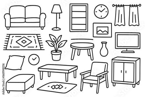 Doodle Furniture Arrangement. Hand-drawn doodle illustration furniture arrangement sofa, table, chair, lamp, bookshelf, rug,