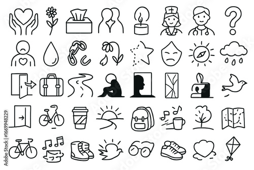 Doodle Illustrations Collection. Hand-drawn doodle illustration support and care hands holding, heart, flower, tissue box, candle,