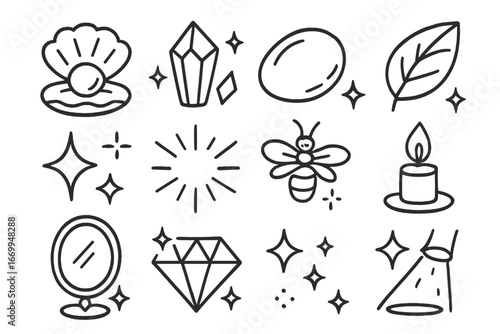 Doodle Shiny Elements. Hand-drawn doodle illustration natural luster pearl, shiny shell, crystal, polished stone, glossy leaf,