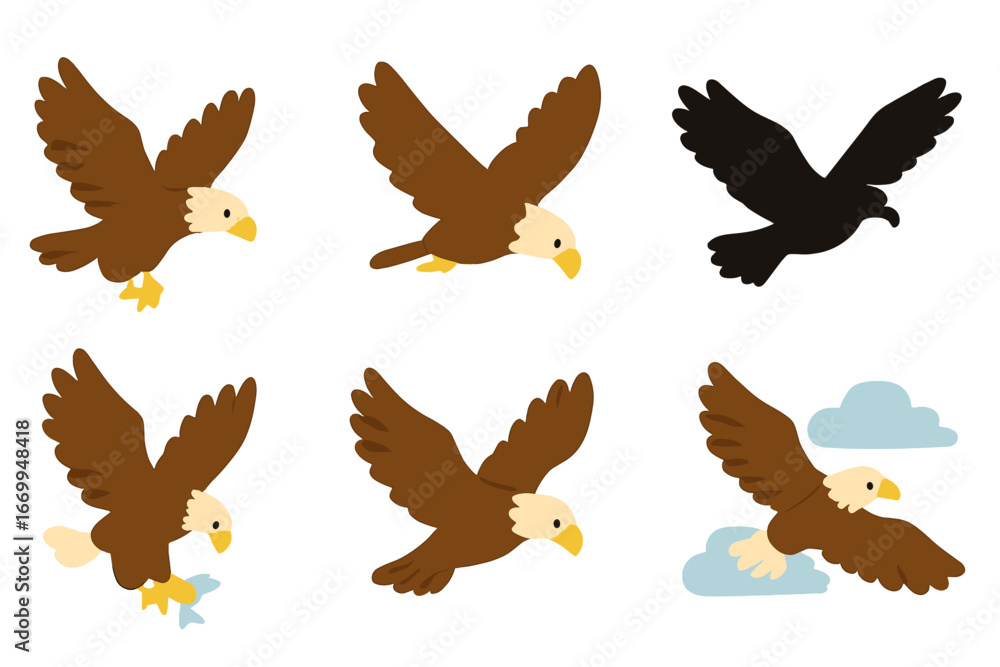 Obraz premium Eagle Flight Icons. Flat vector mini-illustrations eagle in flight in colors children's illustrations: soaring eagle, diving eagle