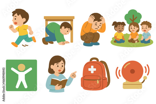 Earthquake Safety Drill Icons. Flat vector mini-illustrations earthquake drills in colors children's illustrations: running child,
