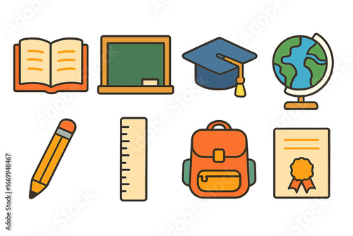Educational Icon Grid. Flat vector mini-illustrations educational challenges in colors children's illustrations: open book,