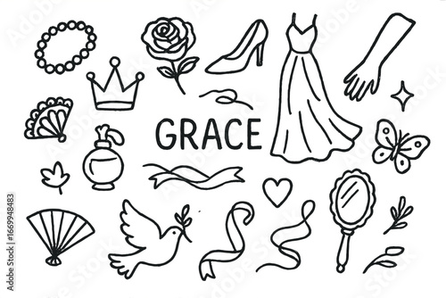 Elegant Doodle Icons. Hand-drawn doodle illustration grace elegance crown, pearl necklace, rose, high heel shoe, flowing gown,