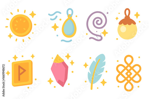 Enchanted Talismans Grid. Flat vector mini-illustrations charm collections in colors children's illustrations: lucky coin,