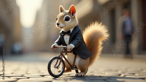 Dapper squirrel in a suit rides a bicycle through a city street