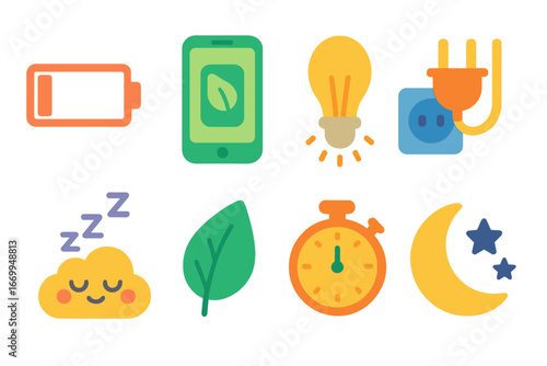 Energy Saving Icons. Flat vector mini-illustrations energy saving in colors children's illustrations: low battery, power saving