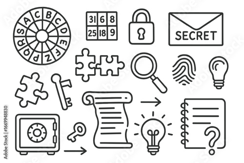 Enigma Code Doodle. Hand-drawn doodle illustration enigma code cipher wheel, code, lock, key, puzzle pieces, magnifying glass,