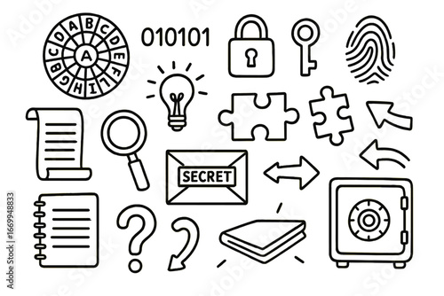 Enigma Code Doodle. Hand-drawn doodle illustration enigma code cipher wheel, code, lock, key, puzzle pieces, magnifying glass,