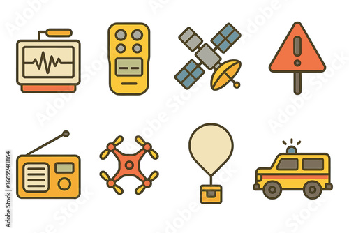 Eruption Safety Icons. Flat vector mini-illustrations eruption warning equipment in colors children's illustrations: seismograph,