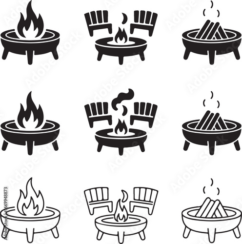Black and white icons of fire pits with flames and logs and chairs bonfire campfire