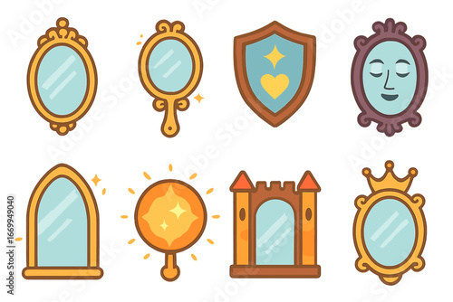 Fairy Tale Mirrors. Flat vector mini-illustrations mirrors in fairy tales in colors children's illustrations: mirror on the wall,