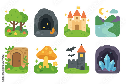 Fairy Tale Icons. Flat vector mini-illustrations fairy tale settings in colors children's illustrations: enchanted forest, dark