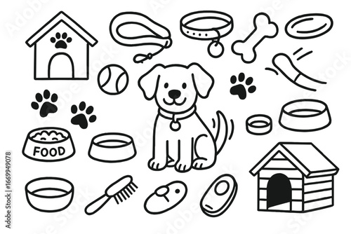 Family Dog Doodle. Hand-drawn doodle illustration family pet dog, leash, collar, bone, ball, doghouse, paw prints, food bowl,
