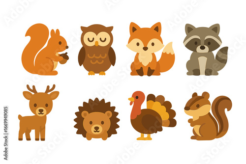 Fall Animals Grid. Flat vector mini-illustrations fall animals in colors children's illustrations: squirrel, owl, fox, raccoon,
