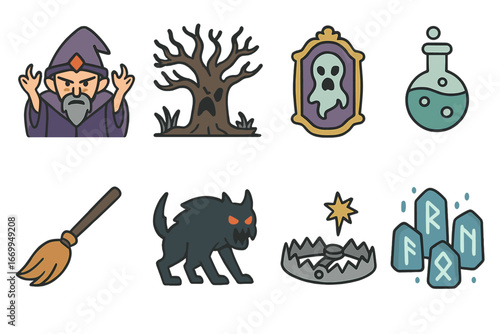 Fantasy Magic Icons. Flat vector mini-illustrations terror and fantasy in colors children's illustrations: evil wizard, cursed