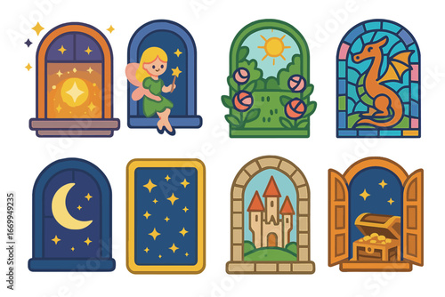 Fantasy Window Icons. Flat vector mini-illustrations window in fairy tales and fantasy in colors children's illustrations: magic