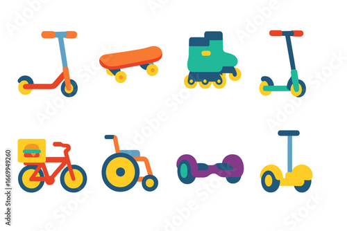 Fast Everyday Objects. Flat vector mini-illustrations fast everyday objects in colors children's illustrations: scooter,