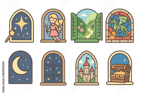 Fantasy Window Icons. Flat vector mini-illustrations window in fairy tales and fantasy in colors children's illustrations: magic