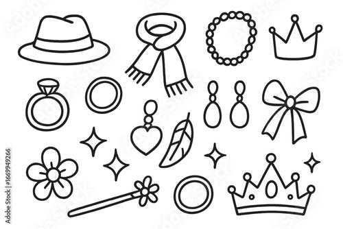Fashion Accessory Doodles. Hand-drawn doodle illustration fashion adornment hat, scarf, necklace, ring, bracelet, earrings, crown,