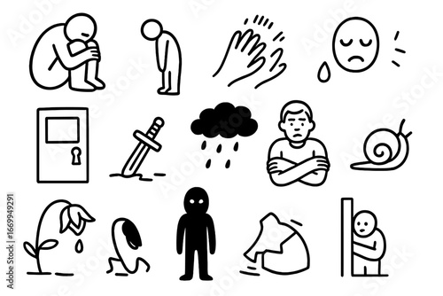 Fear and Avoidance Icons. Hand-drawn doodle illustration fear and avoidance closed eyes, trembling hand, running feet, shadow