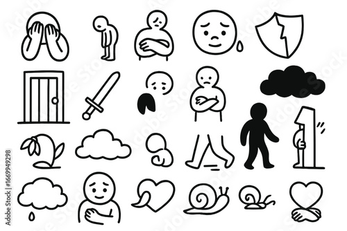 Fearful Doodle Icons. Hand-drawn doodle illustration fear and avoidance closed eyes, trembling hand, running feet, shadow figure,
