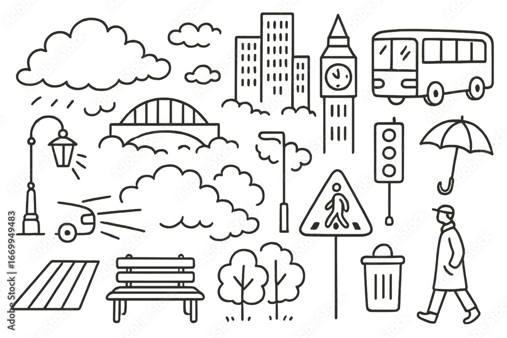 Obraz premium Foggy City Doodles. Hand-drawn doodle illustration fog and city skyscrapers, fog cloud, street lamp, car headlights, clock tower,