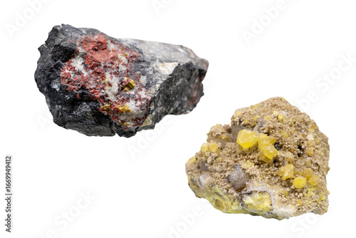 Canvastavla Geological display of two natural mineral aggregates: vibrant red getchellite wi