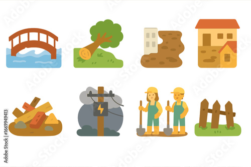 Flood Aftermath Icons. Flat vector mini-illustrations flood aftermath in colors children's illustrations: damaged bridge, fallen
