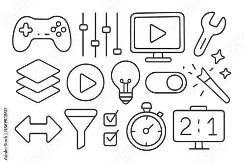 Game Design Tools. Hand-drawn doodle illustration game preset gamepad, sliders, computer screen, gear, wrench, layers panel, play