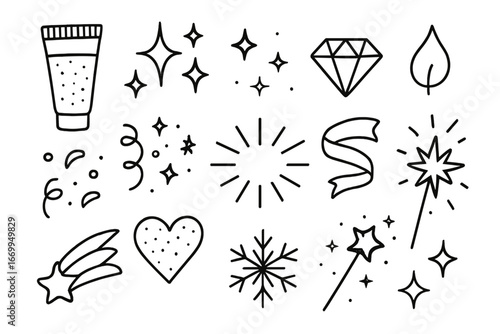 Glitter Doodle Icons. Hand-drawn doodle illustration glitter accessories glitter tube, sparkling stars, diamond, confetti,