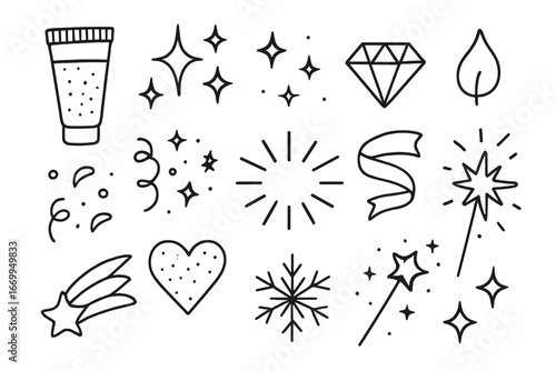 Glitter Doodle Icons. Hand-drawn doodle illustration glitter accessories glitter tube, sparkling stars, diamond, confetti,