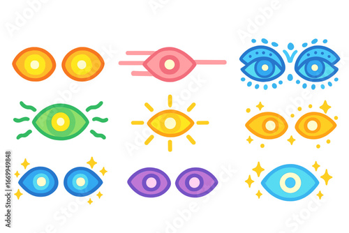 Glowing Eyes Icons. Flat vector mini-illustrations supernatural glowing eyes in colors children's illustrations: bright glowing