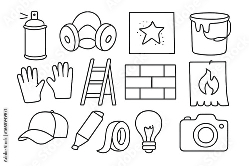 Graffiti Essentials Icons. Hand-drawn doodle illustration graffiti wall spray can, mask, stencil, paint bucket, gloves, ladder,