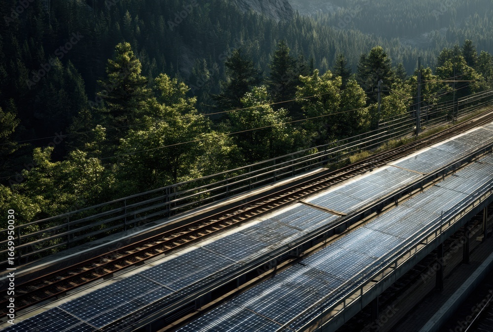 Fototapeta premium High-speed train traveling through lush green landscape with mountains in the background