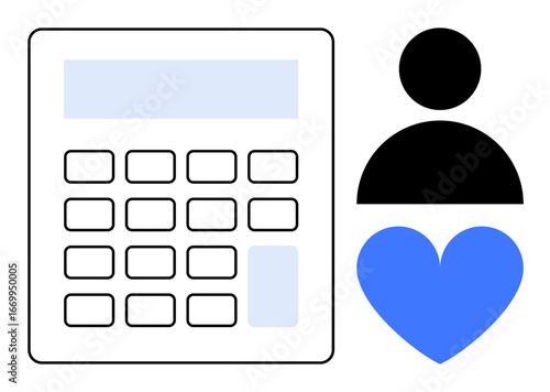 Calculator beside black user silhouette and blue heart. Ideal for finance, budgeting, user engagement, digital accounting, healthcare, wellness, application design, simple landing page