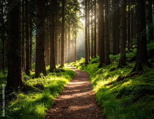 Sunlit path through a dense forest
