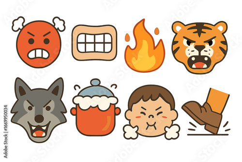 Heated Emotions Icons. Flat vector mini-illustrations heated emotions in colors children's illustrations: red face, clenched jaw,