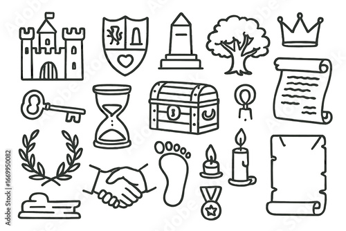 Heritage Doodle Icons. Hand-drawn doodle illustration legacy and heritage castle, family crest, monument, old tree, crown, antique