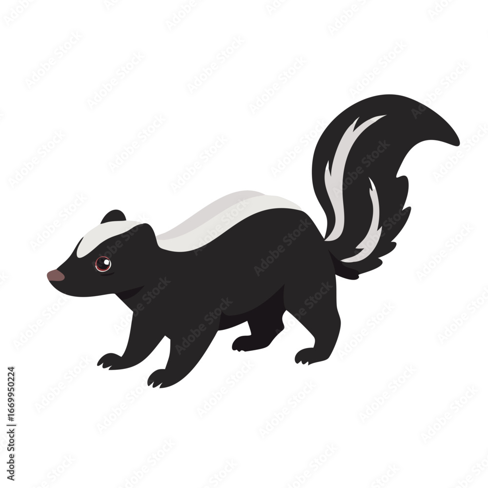 Fototapeta premium Cute cartoon skunk with a black and white pattern walking on a plain background 