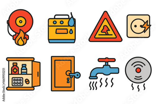 Home Safety Icons. Flat vector mini-illustrations danger at home in colors children's illustrations: fire alarm, leaking gas, wet