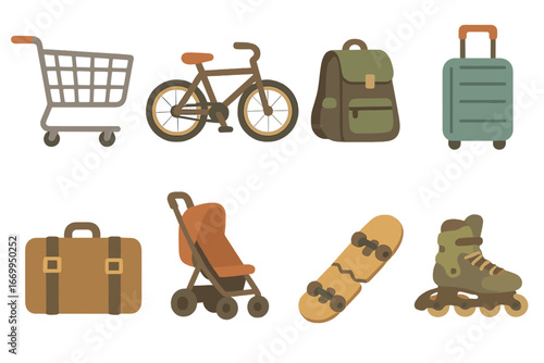 Homeless Transport Icons. Flat vector mini-illustrations homelessness transportation in colors children's illustrations: shopping