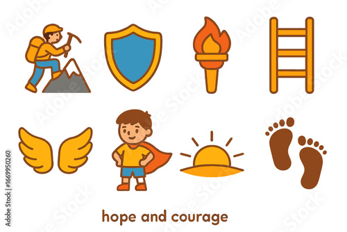 Hope and Courage Icons. Flat vector mini-illustrations hope and courage in colors children's illustrations: mountain climber,