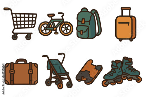 Homeless Transport Icons. Flat vector mini-illustrations homelessness transportation in colors children's illustrations: shopping