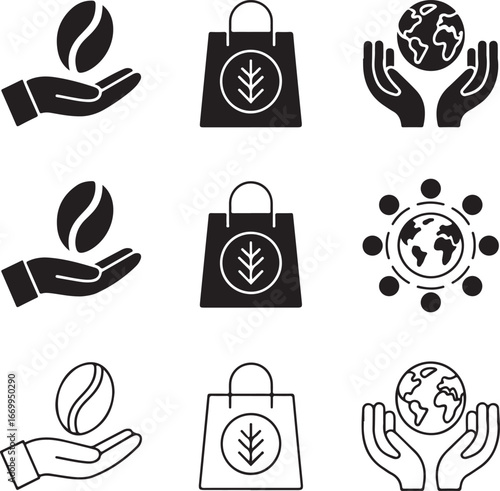 Black and white icons showing hands holding coffee bean shopping bag and earth vector