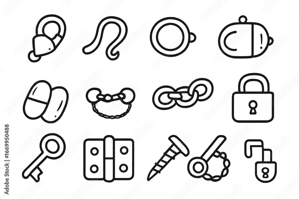 Fototapeta premium Jewelry Clasp Icons. Hand-drawn doodle illustration clasp necklace clasp, bracelet clasp, hook, loop, spring ring, lobster clasp,