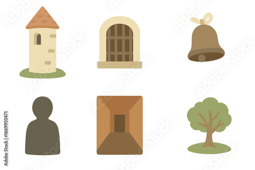 Ivory Tower Isolation. Flat vector mini-illustrations ivory tower and isolation in colors children's illustrations: closed gate,