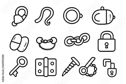 Jewelry Clasp Icons. Hand-drawn doodle illustration clasp necklace clasp, bracelet clasp, hook, loop, spring ring, lobster clasp,