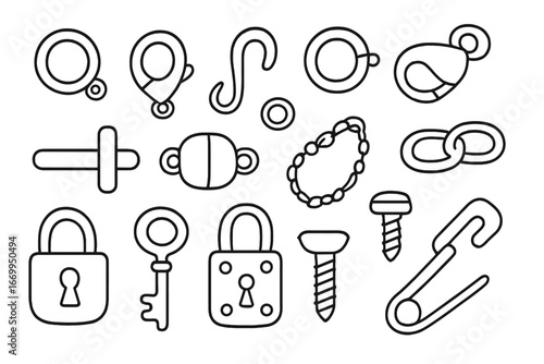 Jewelry Clasp Icons. Hand-drawn doodle illustration clasp necklace clasp, bracelet clasp, hook, loop, spring ring, lobster clasp,