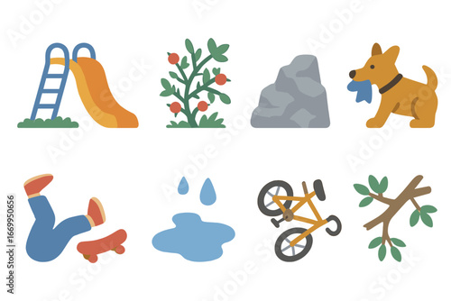Kids' Clothes Hazards. Flat vector mini-illustrations torn clothes causes in colors children's illustrations: playground slide,