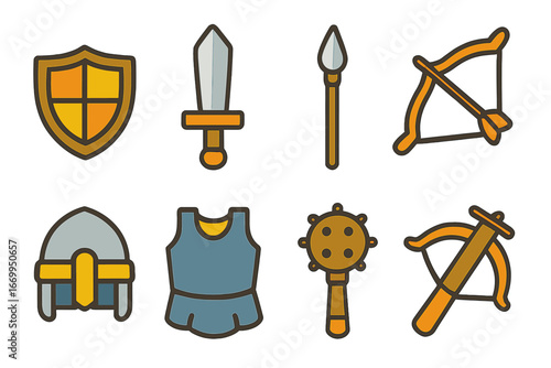 Kids' Defense Icons. Flat vector mini-illustrations defense weapons in colors children's illustrations: shield, sword, spear, bow